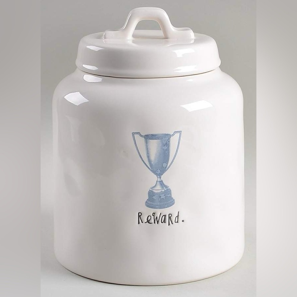 Ceramic White Jar with Reward trophy Design by Rae Dunn.